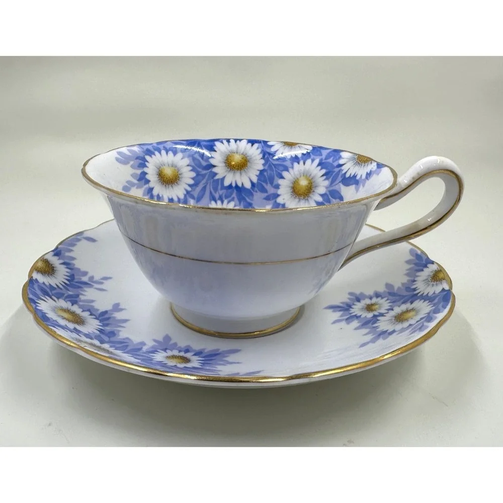 Grosvenor Bone China Tea Cup & Saucer‎ Blue Daisy Floral England Vintage